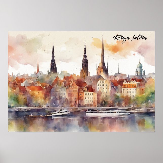 Póster Colorida Riga Latvia acuarela báltica (Frente)