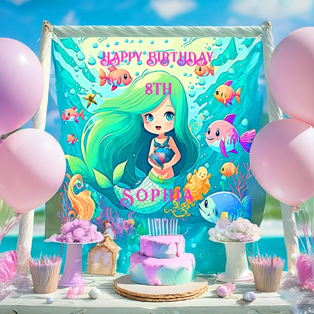 Póster Colorida Sirena temática feliz cumpleaños Fiesta (Colorful Mermaid Themed Birthday Party Poster)