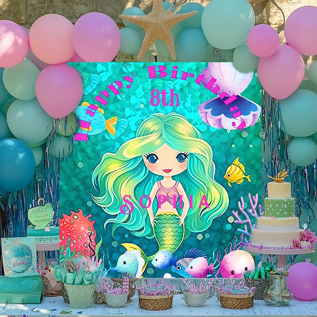 Póster Colorida Sirenita Temática Feliz Cumpleaños Cartel (Birthday Party Mermaid Banner )