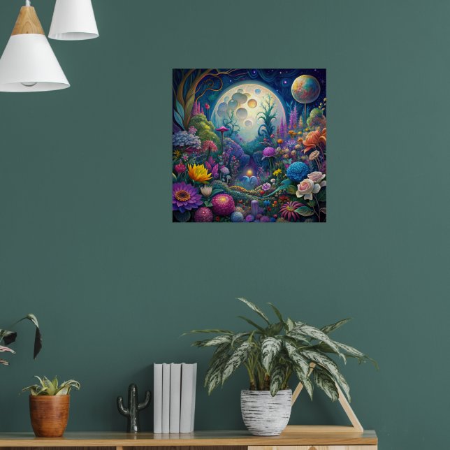Póster Colorida y brillante pared psicodélica de la luna (Salón 1)