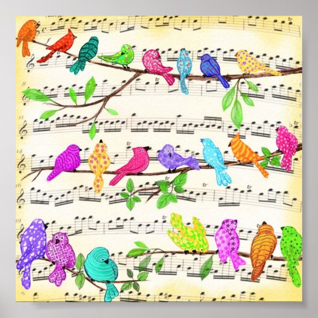 Póster Coloridas Aves Musicales Poster canción feliz prim (Frente)
