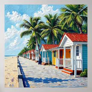 Póster Coloridas Cabañas Tropicales Vibrantes de Playa