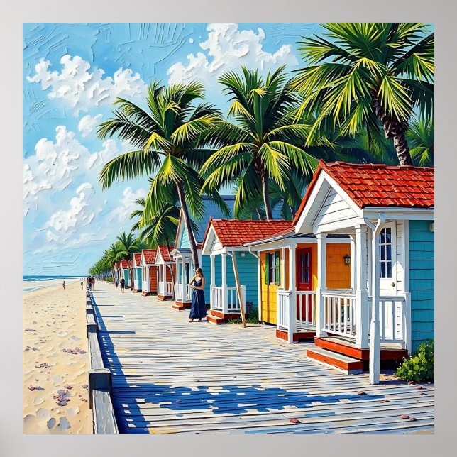 Póster Coloridas Cabañas Tropicales Vibrantes de Playa (Frente)