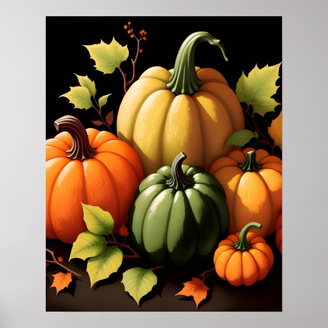 Póster Coloridas calabazas fondo negro (Frente)