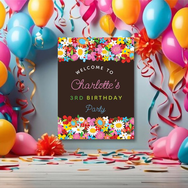 Póster Coloridas Flores de Primavera Bienvenida al Aniver (Colorful Whimsical Spring Flowers Garden Girl's Birthday Party Welcome Poster @ fat_fa_tin)