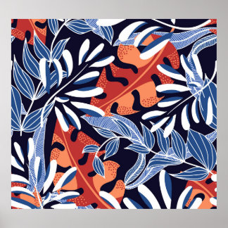 Póster Coloridas hojas tropicales fondo azul