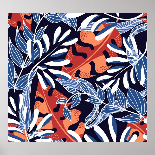 Póster Coloridas hojas tropicales fondo azul (Frente)