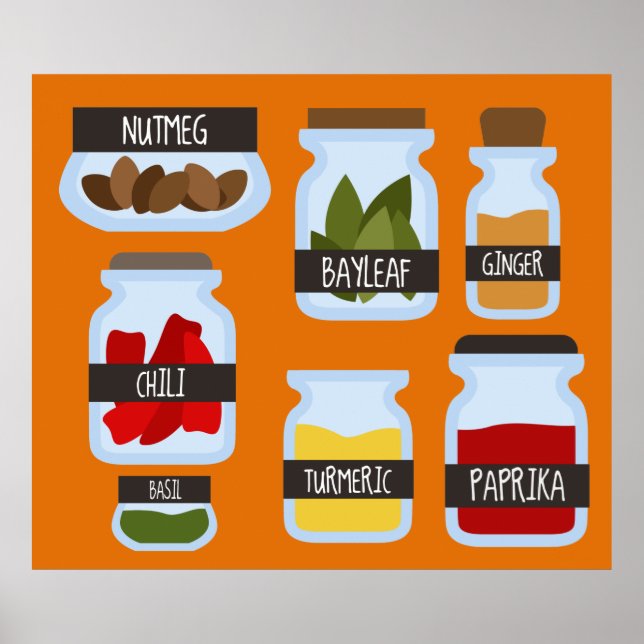 Póster Coloridas jarras de especias estilo de cocina (Frente)