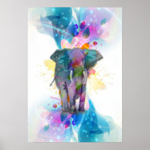 Póster coloridas y lindas acuarelas salpican elefante