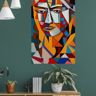 Póster Colorido Abstract Face Cubism Red Purple Blue Guay