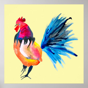 Póster Colorido animal acuarela de gallo