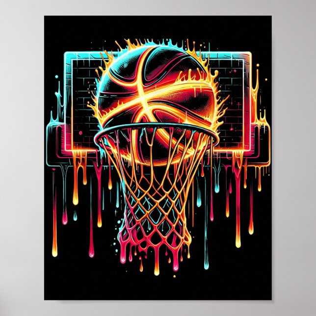 Póster Colorido Básquetbol Rasgo Color Splash Hoop Net (Frente)