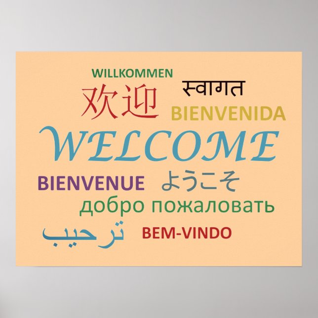 Póster Colorido Bienvenido en Múltiples Idiomas (Frente)