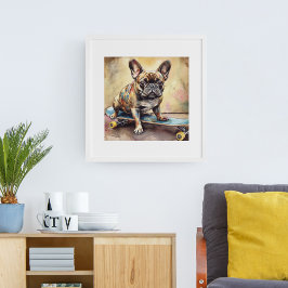 Póster colorido Bulldog francés sentado en patineta