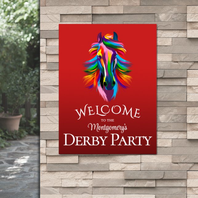 Póster Colorido caballo de carreras Derby Fiesta Red Bien (Colorful racehorse Derby party red welcome poster - PRINTED and/or INSTANT DOWNLOAD)