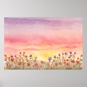 Póster Colorido Campo de flores puesta de sol Pintado acu