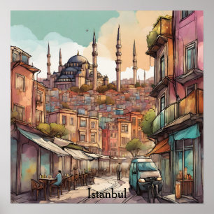 Póster Colorido cielo de Estambul en acuarela