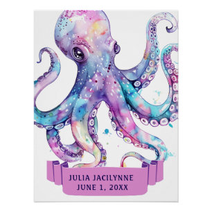 Póster COLORIDO COLOR DEL AGUA OCTOPUS CON NOMBRE Cumplea