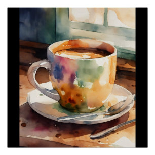 Póster colorido de taza y plato