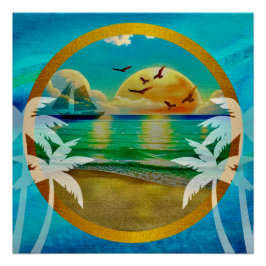 Póster Colorido de una playa con una palmera y un sol
