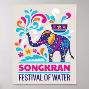 Póster Colorido Festival Songkran de Agua Elefante