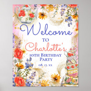 Póster Colorido Floral Garden Tea Fiesta Bienvenida cumpl