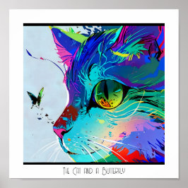 Póster Colorido gato artístico abstracto y mariposa
