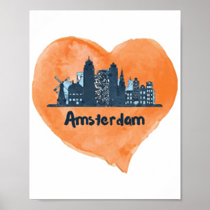 Póster Colorido horizonte de la ciudad de Ámsterdam acuar