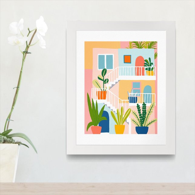 Póster Colorido Ilustracion de apartamentos tropicales ar (Colorful Tropical Apartment Building architecture Illustration Art Poster
)