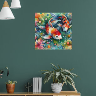 Póster Colorido Koi Fish Whimsical Watercolor Naranja Ver