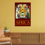 Póster Colorido Lion Pop Art Africa Viaje<br><div class="desc">Ver África es el tema aquí, con el rey de las bestias, un hermoso retrato de un león africano real hecho en un creativo y colorido estilo de arte pop en un oscuro fondo rojo y el nombre del país debajo en el que se combina el tipo de letra de...</div>
