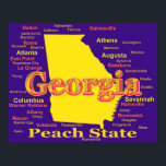 Póster Colorido mapa del orgullo del estado de Georgia<br><div class="desc">Imagen de arte pop del orgullo del estado georgiano morado y amarillo,  incluyendo silueta de mapas con ciudades,  pueblos y apodo.</div>
