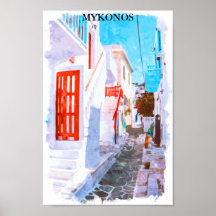 Póster Colorido Mykonos Grecia color de agua para viajes