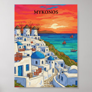 Póster Colorido Mykonos Grecia Molinos de Viento Vintage 