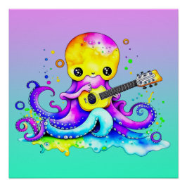 Póster Colorido Octopus Tocando Guitarra