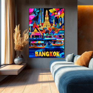 Póster Colorido paisaje urbano de Bangkok, vibrante horiz