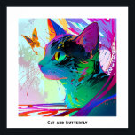 Póster Colorido Pop Art Editable Cat y mariposa<br><div class="desc">Esta imagen muestra un acercamiento de la cara de un gato con una mariposa vibrante y multicolor sobrevolando su nariz. Los ojos del gato son grandes y muy verdes, lo que aumenta el efecto cautivador de la escena. El fondo está formado por motivos dinámicos, abstractos y colores vivos y contrastantes,...</div>