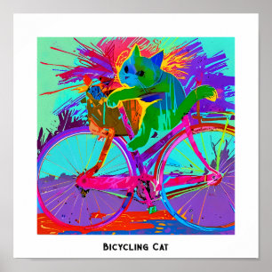 Póster Colorido Pop Art Editable Gato cómico en bicicleta
