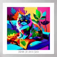 Colorido Pop Art Gato persa en sofá Editable