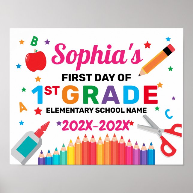 Póster Colorido Primer Día Del Rótulo Escolar (Frente)