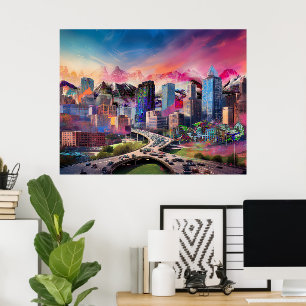 Póster Colorido Resumen de Denver Colorado Skyline Art