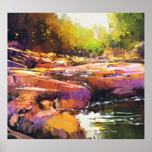 Póster Colorido río otoño, pintura al paisaje.