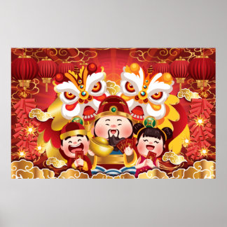 Póster Coloridos dragones y gente de Año Nuevo chinos
