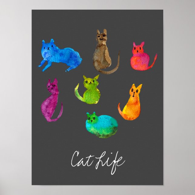 Póster Coloridos gatos locos en acuarela (Frente)