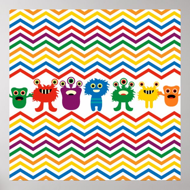 Póster Coloridos Monstruos Cute Divertidos Chevron Rastre (Frente)