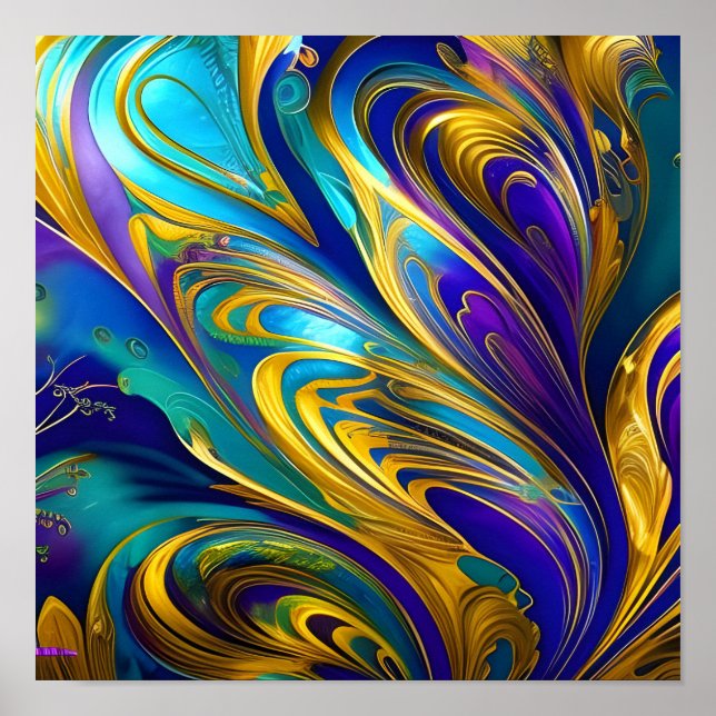 Póster Coloridos Swirls Resumen, dorado azul púrpura (Frente)