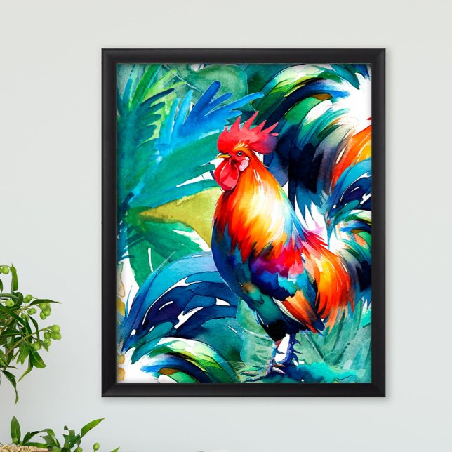 Póster Colorosa acuarela de gallo (Sol the rooster watercolor print in vibrant shades of tropical green, blue and red.)