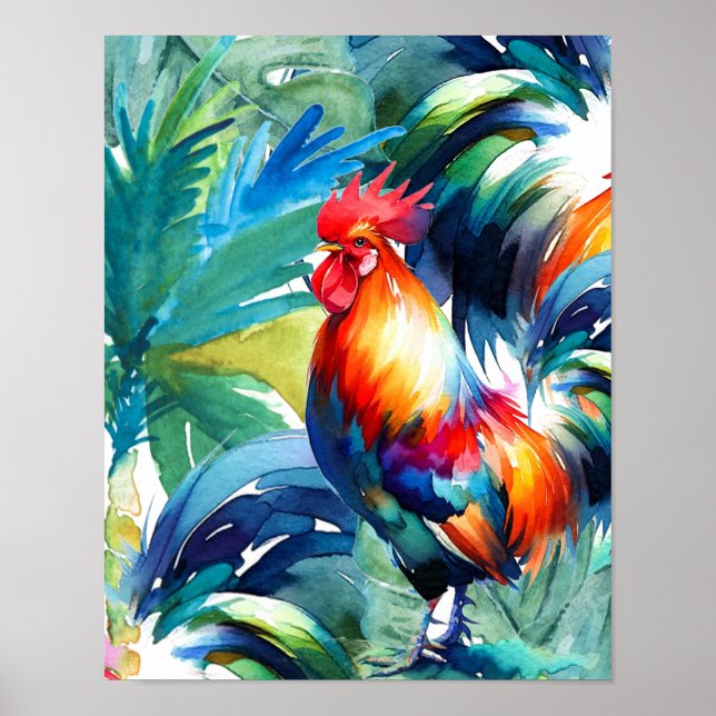 Póster Colorosa acuarela de gallo (Frente)