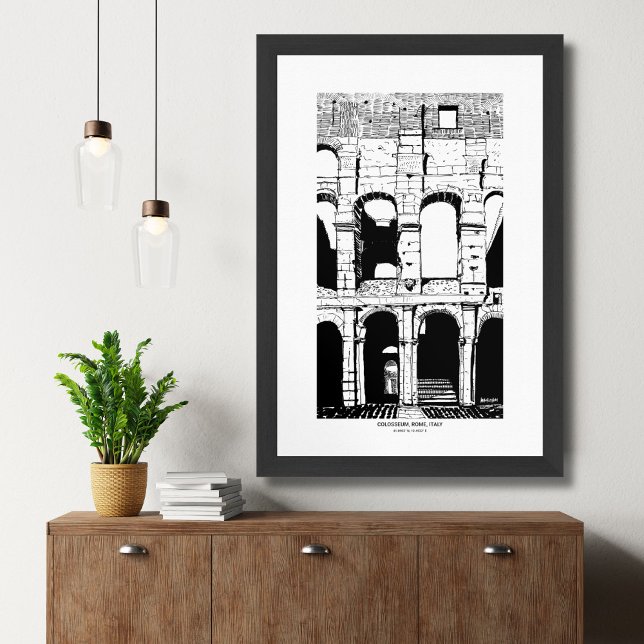 Póster Colosseo de Roma Blanco Negro Italia Sketch de via (Rome Colosseum Black White Italy Travel Sketch Poster)
