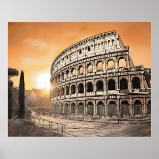 Póster Colosseum in rome with warm sunset light